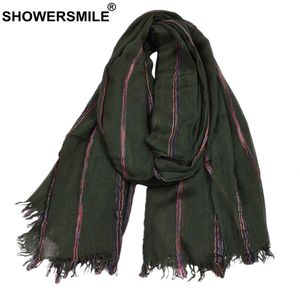 Bufandas SHOWERSMILE Algodón Lino Hombres Bufanda Invierno Ejército Verde Rayas Borla Bufanda Hombres Moda Estilo étnico Accesorios masculinos 230302