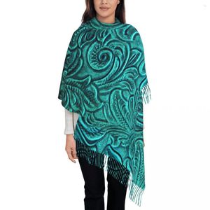 Bufandas Turquesa En Relieve Cuero Estampado Floral Scrollwork Diseño Bufanda Envoltura Para Mujer Largo Invierno Cálido Borla Mantón Unisex