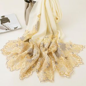 Bufandas de invierno de lana pura para mujer, estola bordada de encaje de lujo, chal Beige, pashmina cálida para mujer, Foulard de Cachemira para mujer