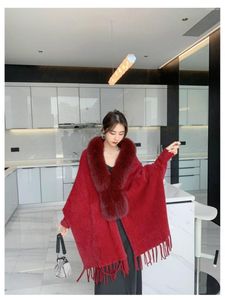 Bufandas Mujer Lujo Batwing Manga Cape Real Fur Trim Collar Clark Poncho Suéter Wraps