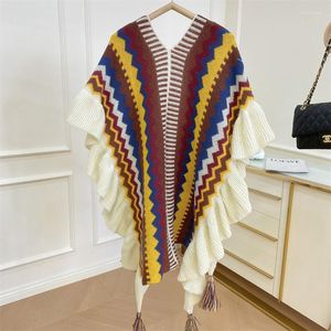 Foulards femmes châle Style bohème à volants frange Design motif rayé mode rétro épaissi tricot Cape extérieur chaud dames écharpe
