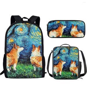 Mochilas escolares Estilo de pintura al óleo Diseño de perro 3 Set Bolsa Mochila ligera para adolescentes Niños Niña Estuche de lápices de almuerzo informal