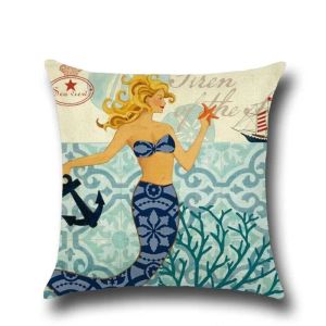 Housse de coussin en coton et lin à motif de mer, taie d'oreiller décorative pour voiture, maison, lit, canapé, 1 coussin/décoratif