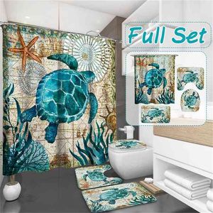 Tartarugas marinhas 4 em 1 impermeável tecido banheiro 3d cortina de chuveiro conjunto com antiderrapante tampa de toalete tapetes decoração de casa 210402
