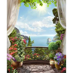 Bord de mer Villa Balcon Photographie Toile de Fond Rideaux Imprimés Plante en Pot et Fleurs Soleil Bleu Ciel Nature Arrière-Plans Scéniques