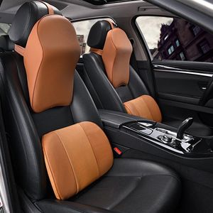 Coussins de siège en mousse à mémoire de forme ensemble d'oreillers de voiture en cuir véritable Beige coussin de soutien lombaire pour le cou Gadget housse d'appui-tête pour hommes Auto Cccessoires