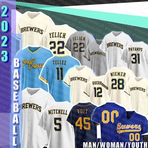 22 Christian Yelich Camisetas de béisbol Milwaukee Rowdy Tellez Cerveceros William Contreras Garrett Mitchell Abraham Toro Javy Guerra Joey Wiemer Brice Turang Luke Voit