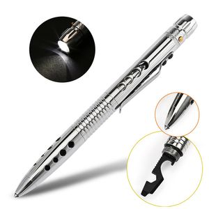 Stylo tactique d'autodéfense EDC outil de survie de lampe de poche LED en acier inoxydable avec couteau scie ouvre-bouteille à tête de tungstène