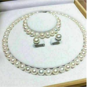 Vente AAAA 910mm Akoya collier de perles blanches bracelet boucle d'oreille ensemble en or 14 carats 240108