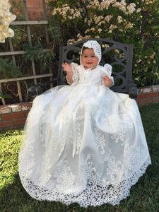 Vente de meilleures robes de baptême pour bébés filles, col en bijou, robes de baptême appliquées en dentelle, robe de première communication avec Bonnet