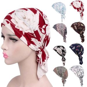 Vente de femmes inde musulman élastique Turban imprimé coton chapeau tête écharpe enveloppement pour 7.3 bonnet/crâne casquettes Oliv22