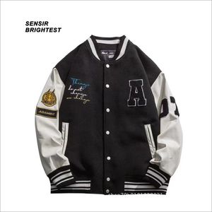 Sensir School Jacket American Pu Leather Stitched Tweed Baseball Suit High Street Oversize Loose varsity jacket Men 220808