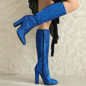 Paillettes bling 748 paillettes bleu or sier fête marindding chaussures de mariée talons genoue hautes femmes brillantes bottes hiver 231219