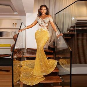 Paillettes robes de soirée jaunes sexy avec col transparent illusion manches longues appliques grande taille robes de soirée de bal formelles pour les femmes arabes