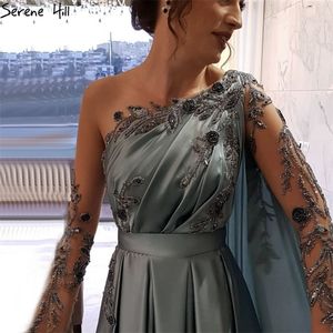 Serene Hill Dubai Blue O Cou Perles Sexy Robe De Soirée Design 2020 Une Ligne Satin Manches Longues Robe De Soirée Formelle LJ201123