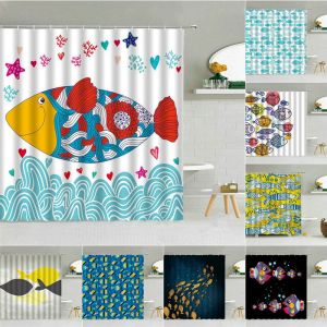 Ensemble Cartoon Colored Fish Shower Curtain Waves Ocean Animal Child Taboignage Tissu de bain Scran de bain lavable Decor Rideau de bains