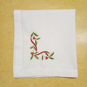 Lot de 12 serviettes de table de Noël en tissu 100 % lin blanc ajouré avec motif floral brodé de couleur Te2990