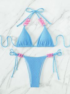 Conjunto de Bikinis con realce para mujer, traje de baño Sexy con anillo azul cielo liso y correa de cadena, microbañador brasileño recortado, Tanga 2023