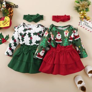 Sets Ceeniu Baby Girl Christmas Outfits Santa Claus XMAS Impresión Romper+Bowknot Cake Skirt Christmas Sets For Girls Año Nuevo
