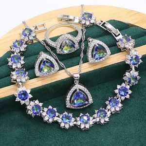 Ensembles de bijoux en argent Sterling 925 pour femmes, charmant arc-en-ciel, topaze bleue, Bracelet, boucles d'oreilles, collier, pendentif, bague