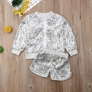 Ensembles de vêtements Ensembles 16Y enfants filles automne vêtements ensemble bébé Bling paillettes fermeture éclair manches longues veste manteau hauts Shorts survêtement enfants O