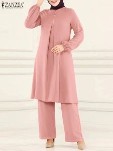 Conjuntos de moda con lentejuelas, conjuntos a juego, blusa turca, traje ZANZEA, Hijab musulmán, chándal para mujer, camisa de manga larga, pantalones, conjuntos, trajes de Ramadán