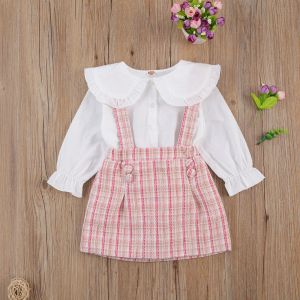 Sets focusnorm automnem princess kids bebs girls vêtements sets 2pcs Peter pan collier single tops tops plaid imprimer de bib de sangle ride