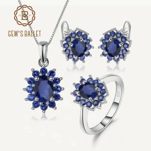 Set Gem's Ballet Princess Diana Natural Blue Blue Sapphire Pendre Ring Set 925 Sterling Silver Design Jewelry Set For Women