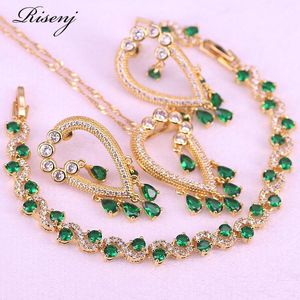 Conjuntos de joyería de disfraz de piedra verde de oro rosa estilo julio para mujer, pendientes, collar, pulsera, conjunto de joyería nupcial, envío directo JS30