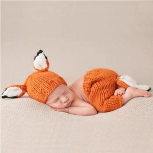Ensembles de vêtements de photographie pour nouveau-nés, chapeau + pantalon en Crochet de renard mignon, 2 pièces/ensemble, accessoires de Studio Photo pour bébé, Costume de dessin animé pour bébé