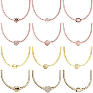 Conjuntos de oro rosa, corona brillante, corazón, bola, cierre de barril, collar de cadena de serpiente de Plata de Ley 925 para cuentas populares, joyería DIY