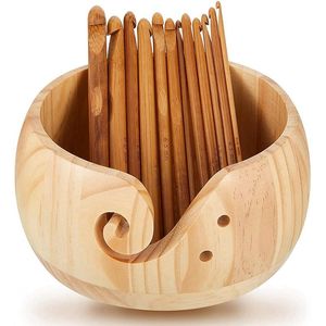 Outils de notions de couture bol de fil en bois, bol de rangement en bois avec 12 crochets en bambou pour tricoter au crochet bricolage artisanat