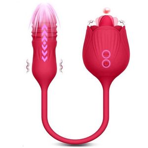 Juguete sexual Masajeador Masajeador para adultos Vibrador de rosas Mujer Lamiendo la lengua oral Clítoris Estimulador de clítoris Empuje Vibrante Amor Huevo Dildo Adultos para mujeres