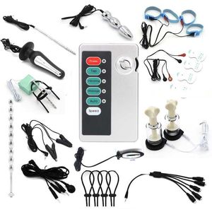 Juguetes sexuales Masajeador Electro Shock Kit Anal Butt Plug Próstata Masaje Eléctrico Estimular Cock Ring Nipple Sucker Uretra Juguete para Mujeres Hombre