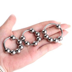 Jouets sexuels anneau de pénis serrure en acier inoxydable prépuce de sperme arrêt six perles en métal