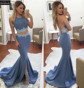 Sexy 2016 Últimos vestidos de fiesta de sirena de dos piezas sin espalda de satén Joya modesta Apliques de encaje Side Split Vestidos de fiesta largos personalizados EN9106