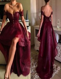 Sexy 2017 Borgoña Lace y Organza High Low Low Prom Vestidos baratos de la fiesta formal sin espalda.