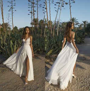 Asaf Dadush A Line Vestidos de novia Spaghetti Slit Lace Vestidos de novia Backless Robe de mari￩e Country Bridal Dress