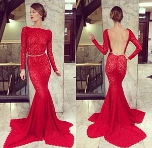 Vestidos de Noche formales de encaje rojo sin espalda sexy con mangas largas 2021 ahueca hacia fuera la moda vestidos de desfile de cola de pez mujeres ropa de fiesta de graduación