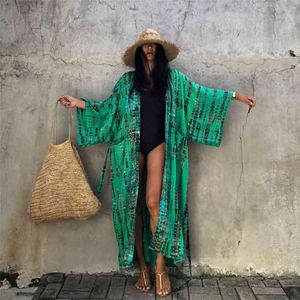 Sexy Bikini Cover-ups Boho imprimé frangé long kimono carfigan tunique femme plus taille plage porter maillot de bain couvrir A751 210722