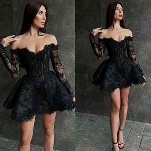 Robe de cocktail noire sexy paillettes dentelle épaules dénudées robes de bal courtes manches longues fête retour robe occasion spéciale