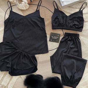 Sexy noir robe de mariée ensemble Satin vêtements de nuit décontracté intime Lingerie chemise de nuit doux Homewear maison vêtements robe pyjamas 240226