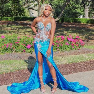 Sexy Blue High Slit Mermaid Prom Dresses Cariño con Crystal Vestidos Gala Novia Silver Diamonds Boaded Party Fiests