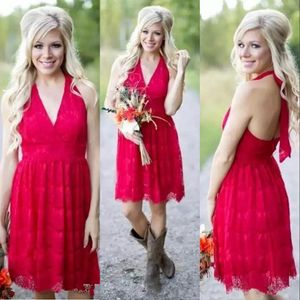 Sexy Cheap Dark Red Country Vintage Vestidos de dama de honor cortos Halter de encaje completo para bodas abiertas de talla de tamaño de talla de gran tamaño 403