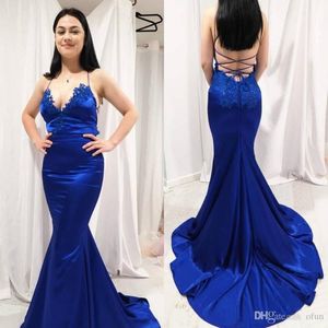 Sexy Barato Royal Blue Mermaid Vestidos de baile Correas espaguetis largas Apliques de encaje Criss Cross Sweep Train Vestido formal Vestidos de noche