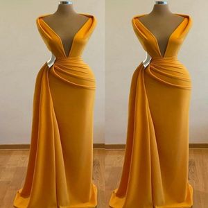 Sexy col en V profond Orange robes de bal longues plis Satin sirène robe de soirée robe de soirée 2021 Yong filles robes formelles