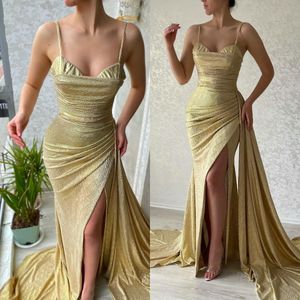 Sexy Gold Prom Dresses Spaghetti Jacquard vestidos de noche plisados hendidura formal largo ocasión especial vestido de fiesta