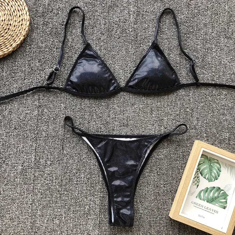 Or Sexy En Cuir Réfléchissant Triangle Bikini 2019 Maillots De Bain