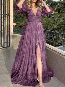 Sexy Grape A-line Formal Prom Dress 2023 V Neck Half Puff Balloon Sleeve Lace Tulle Evening Gala Party Vestidos Robe De Soiree Customed