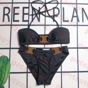 Sexy Halter Bikini Metal Logo Traje de baño para mujer Tube Top Ropa interior Traje de baño negro